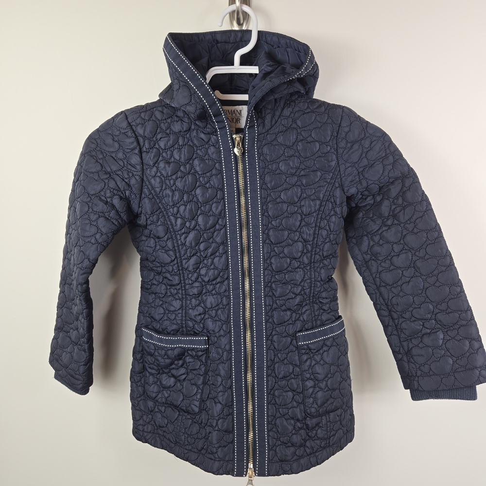 Armani Junior Girls Navy Blue Heart Quilted Hooded Light Jacket 6A